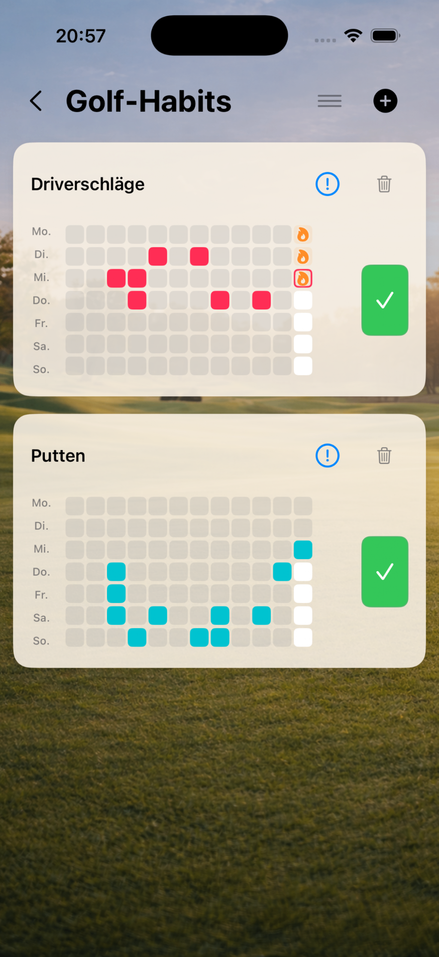 Golf-Habits: Driverschläge und Putten als Wochen-Grid mit Streaks