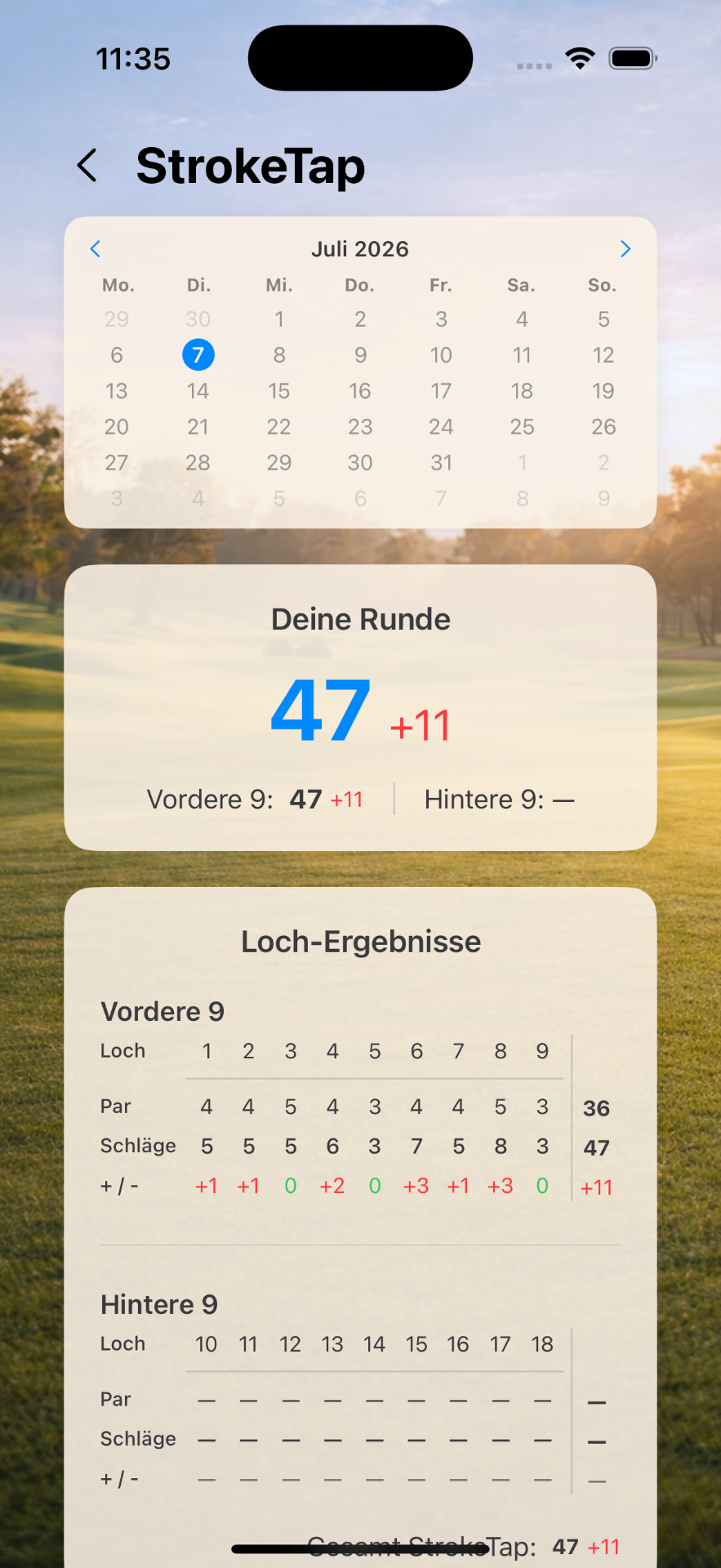 Runden-Übersicht mit Kalender, Gesamtscore und Loch-Ergebnissen